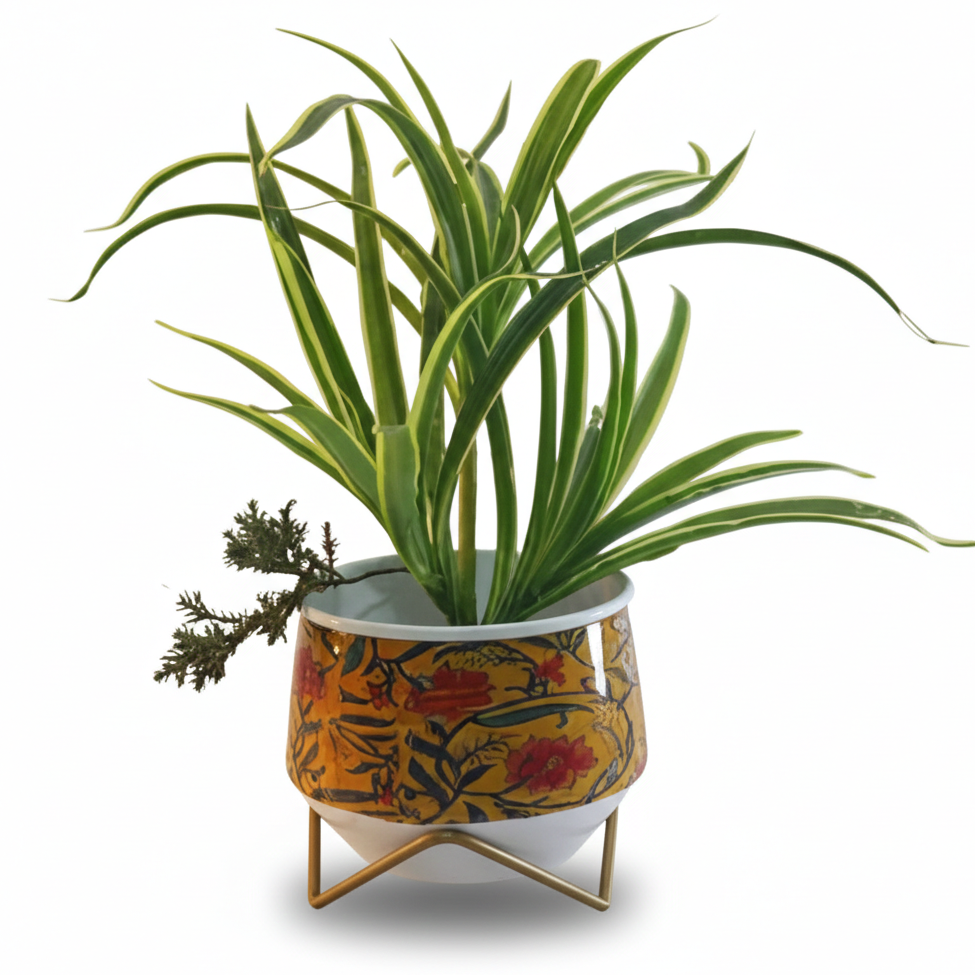 Wide Printed Metal Planter with Gold Cross Stand