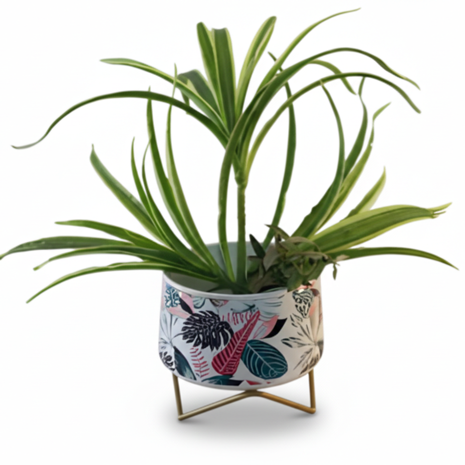 Wide Printed Metal Planter with Gold Cross Stand