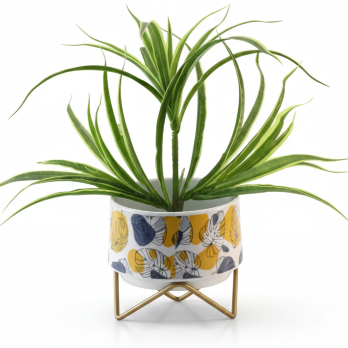 Wide Printed Metal Planter with Gold Cross Stand