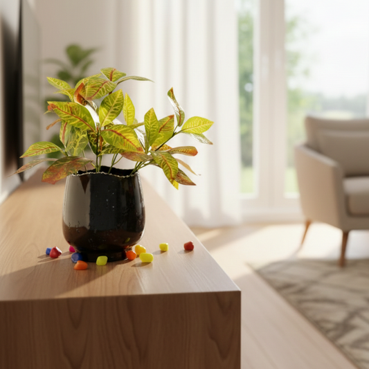Potted plant on a wooden table with colorful stones in a living room setting
