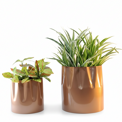 Glossy Cylindrical Metal Planter Set