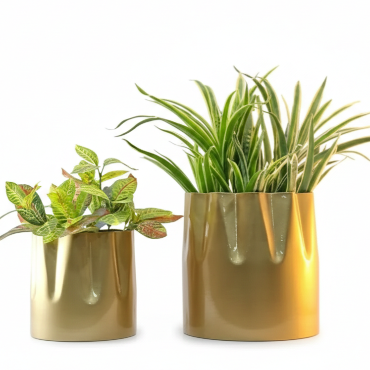 Glossy Cylindrical Metal Planter Set