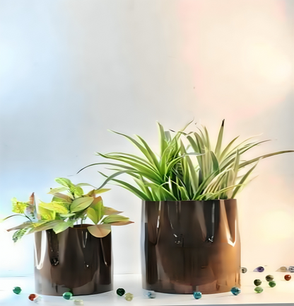 Glossy Cylindrical Metal Planter Set