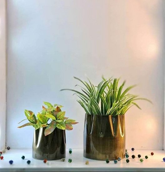 Glossy Cylindrical Metal Planter Set