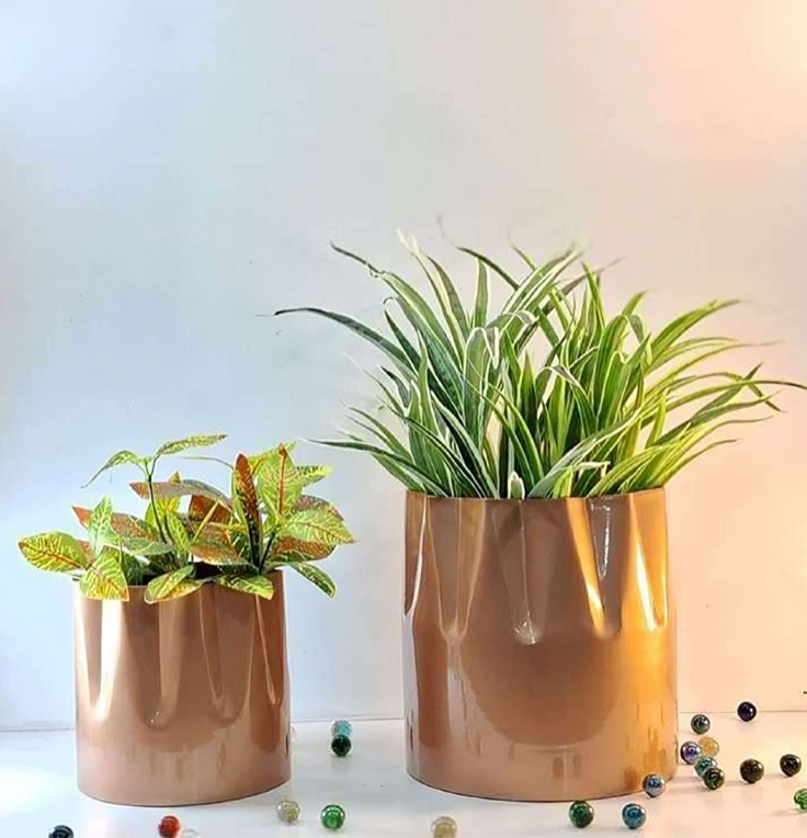 Glossy Cylindrical Metal Planter Set