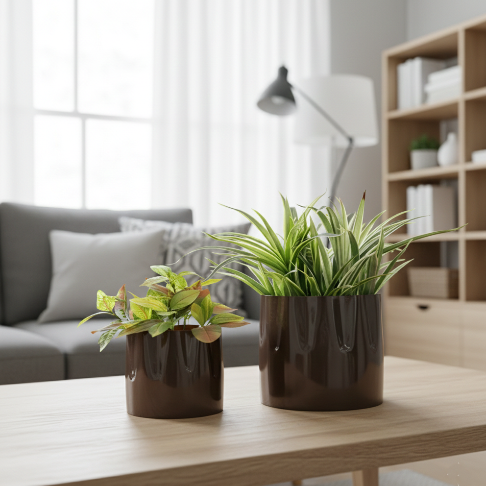 Two potted plants on a wooden table in a living room setting.