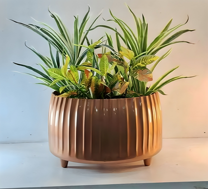 Wide Ribbed Metal Planter with Raised Base – Oval Shape