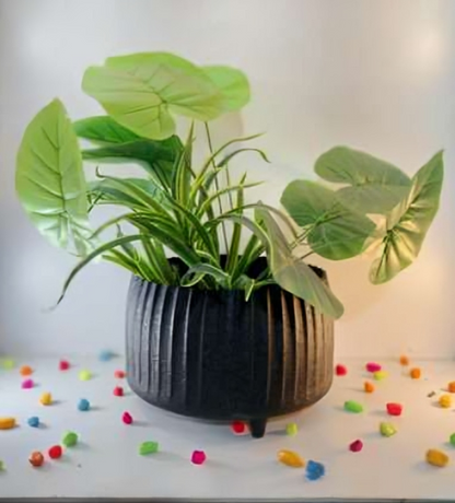 Wide Ribbed Metal Planter with Raised Base – Oval Shape