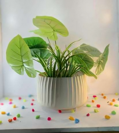 Wide Ribbed Metal Planter with Raised Base – Oval Shape