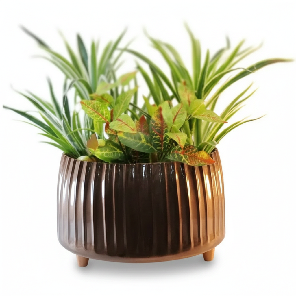 Wide Ribbed Metal Planter with Raised Base – Oval Shape