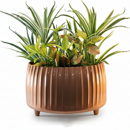 Wide Ribbed Metal Planter with Raised Base – Oval Shape