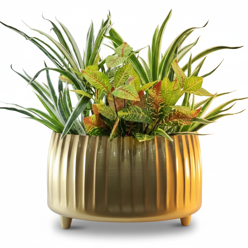 Wide Ribbed Metal Planter with Raised Base – Oval Shape