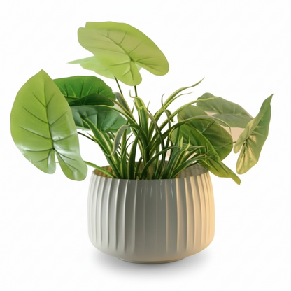 Wide Ribbed Metal Planter with Raised Base – Oval Shape