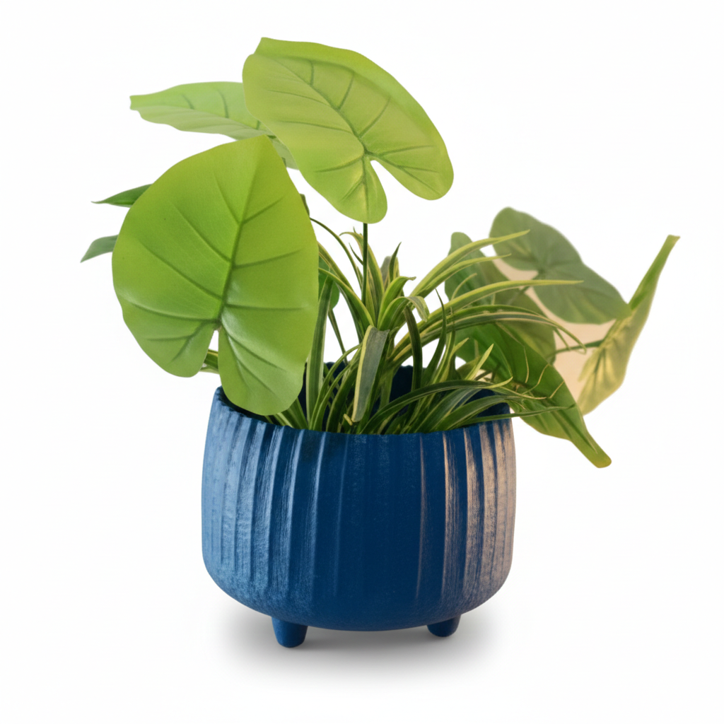 Wide Ribbed Metal Planter with Raised Base – Oval Shape