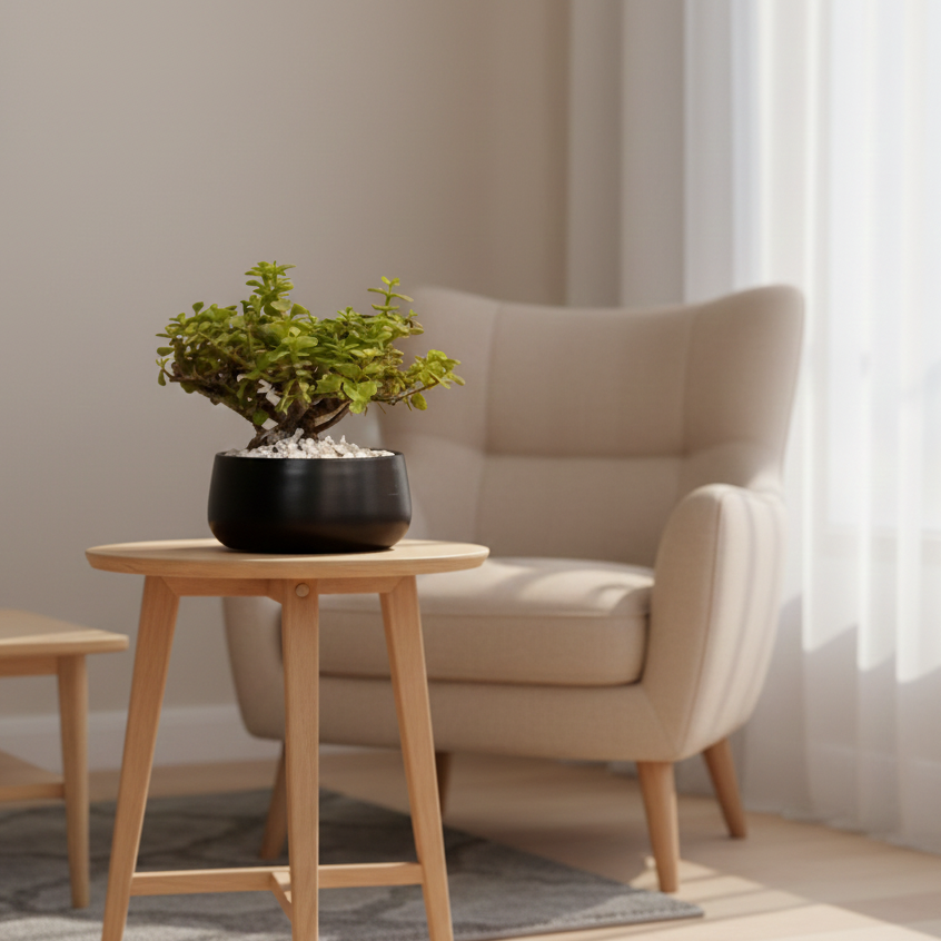 Potted plant on a wooden side table in a living room with a beige armchair.