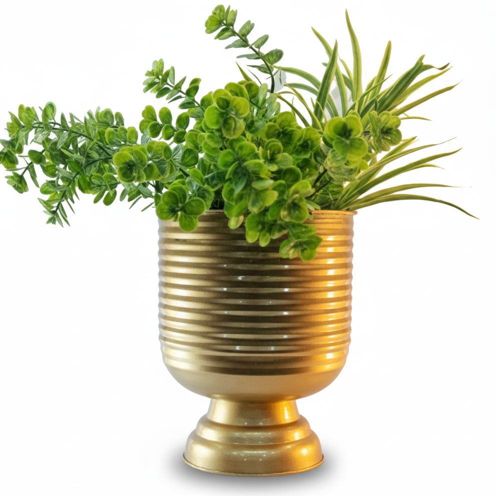 Unique Pedestal Stripe Planter – 13 Inch Tall – Modern Decorative Planter
