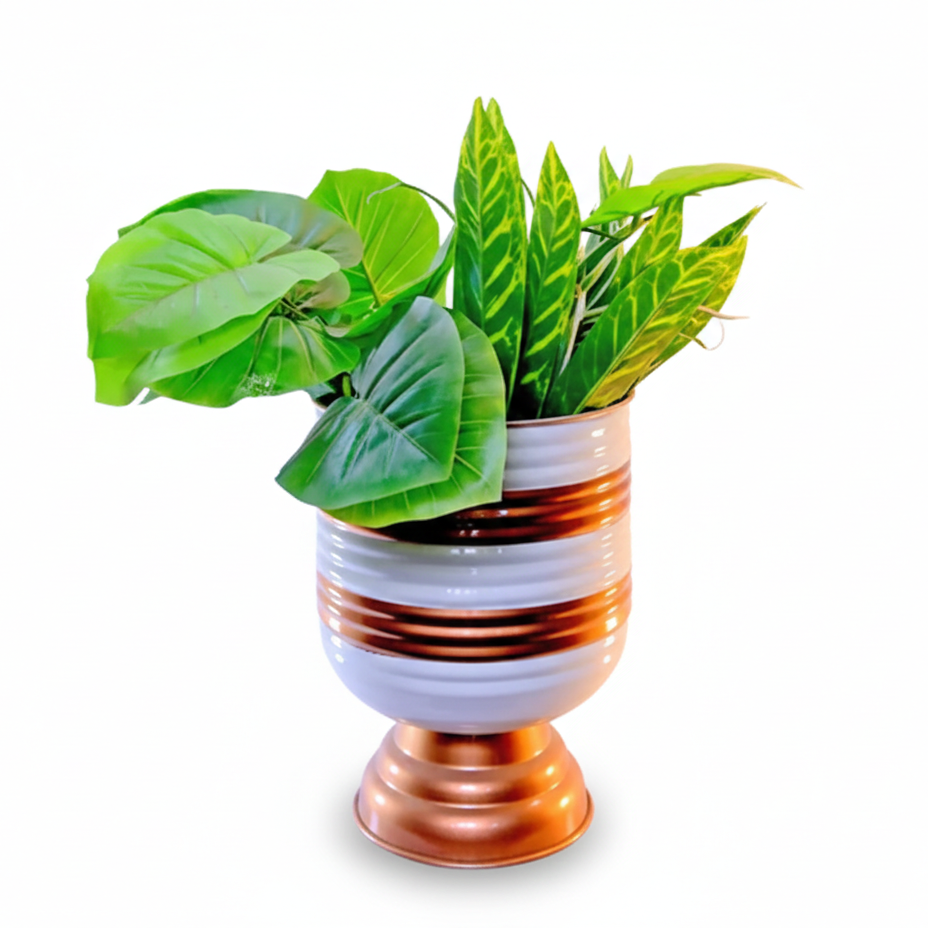 Unique Pedestal Stripe Planter – 13 Inch Tall – Modern Decorative Planter
