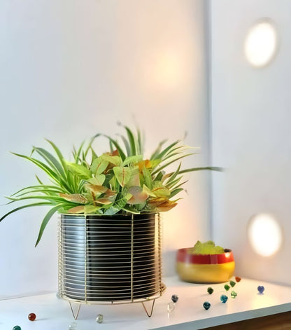 Horizontal Ribbed Metal Pot with Stand