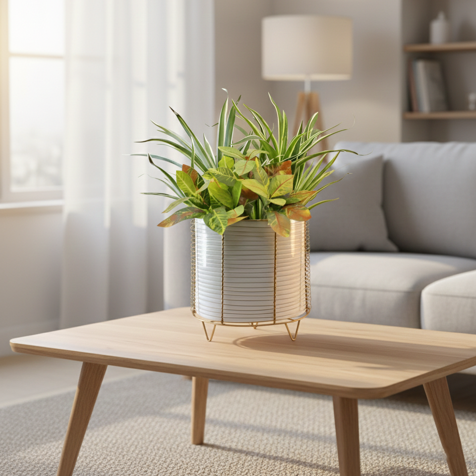 Potted plant on a wooden coffee table in a living room setting