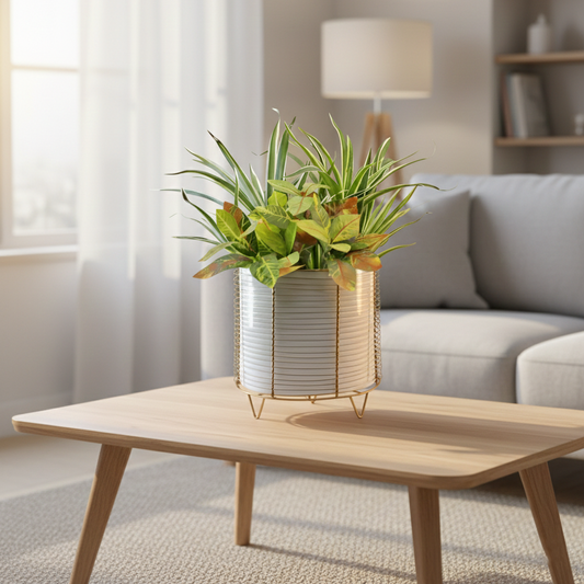 Potted plant on a wooden coffee table in a living room setting