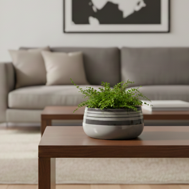 Potted plant on a wooden coffee table in a living room with a gray sofa and framed picture.