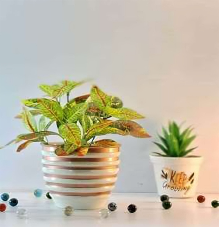 Striped Round Metal Planter – Glossy Finish
