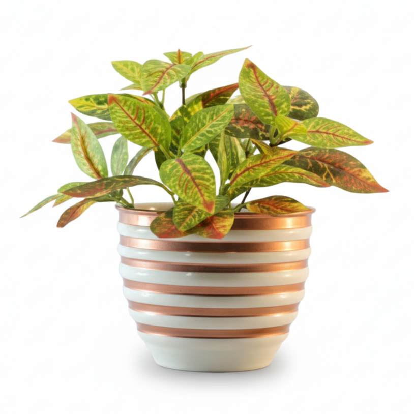 Striped Round Metal Planter – Glossy Finish