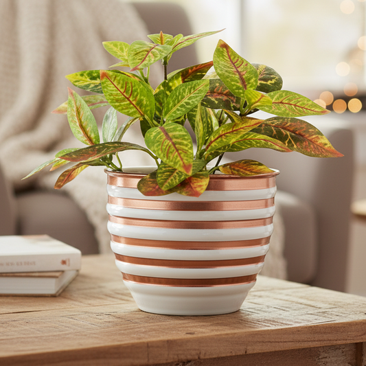 Striped Round Metal Planter – Glossy Finish