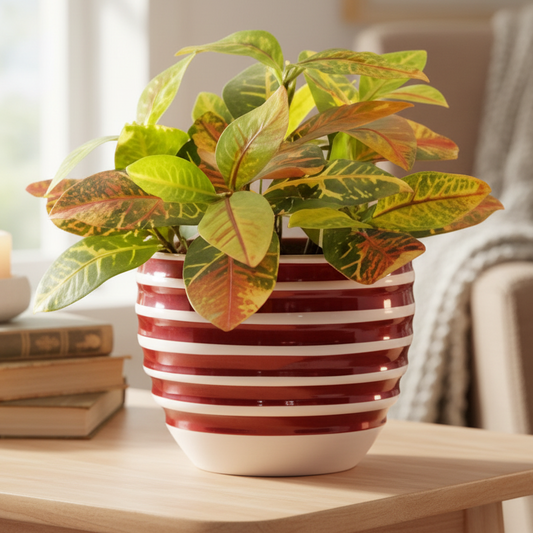 Striped Round Metal Planter – Glossy Finish