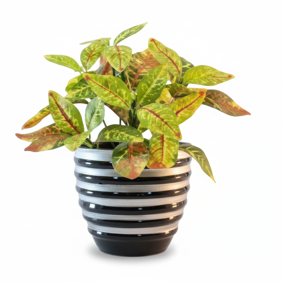 Striped Round Metal Planter – Glossy Finish