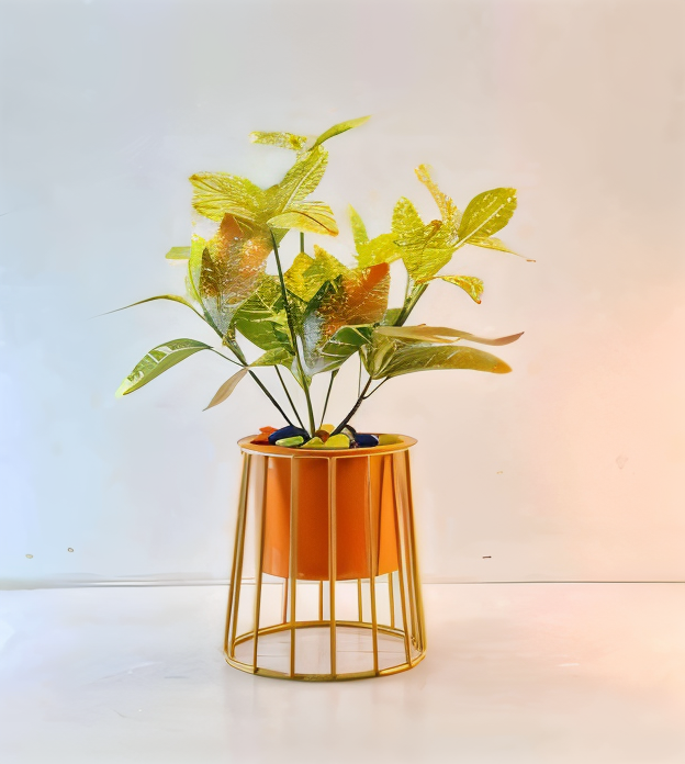 Caged Base Metal Planter – Cylinder Pot with Open Wire Stand