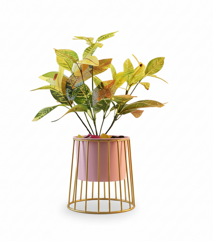 Caged Base Metal Planter – Cylinder Pot with Open Wire Stand