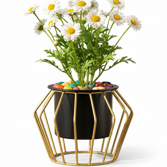 Caged Bent Base Metal Planter – Cylinder Pot with Open Wire Stand