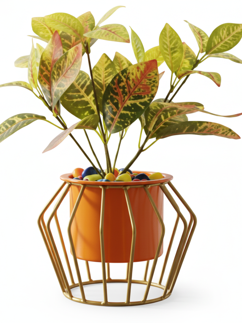 Caged Bent Base Metal Planter – Cylinder Pot with Open Wire Stand