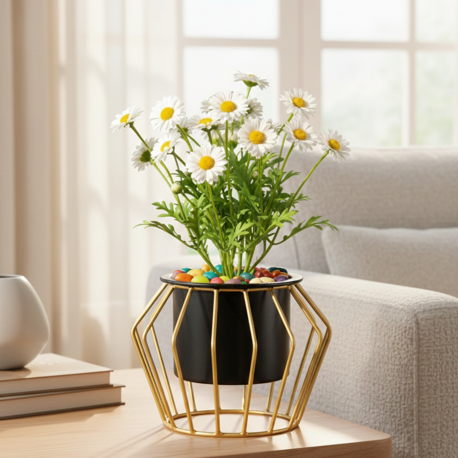 Caged Bent Base Metal Planter – Cylinder Pot with Open Wire Stand