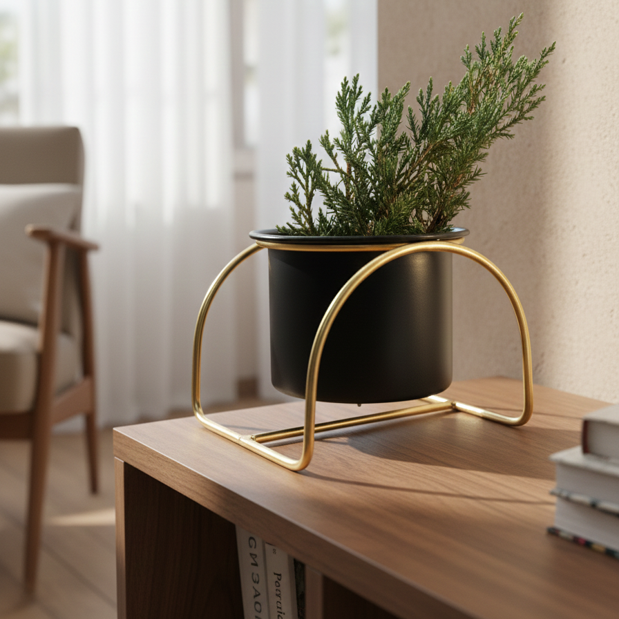 Potted plant on a gold stand on a wooden surface with a blurred background