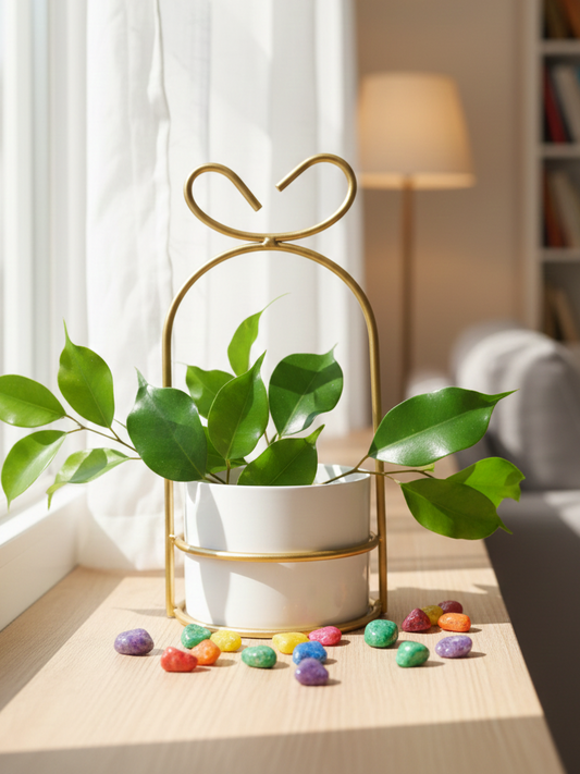 Decorative plant holder with a plant and colorful stones on a table.