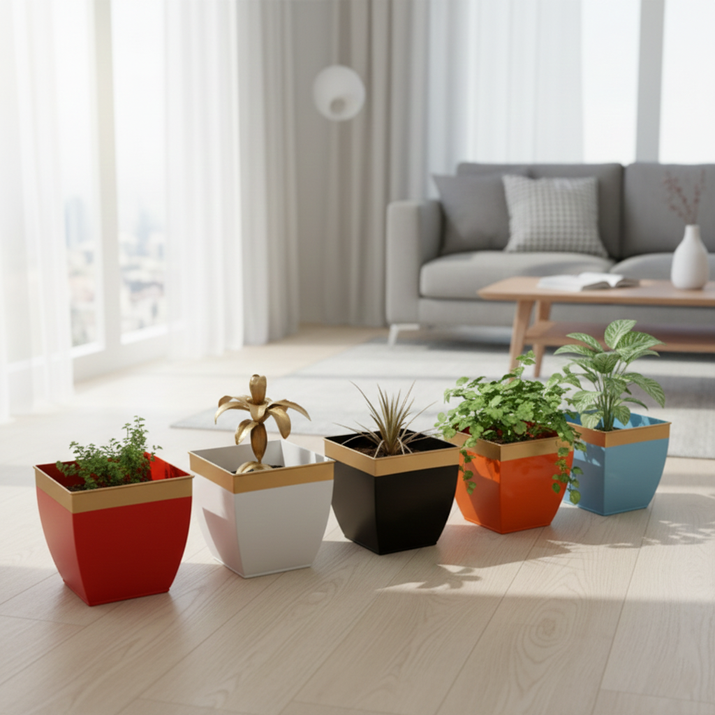 Colorful geometric planters with plants on a wooden floor in a living room.