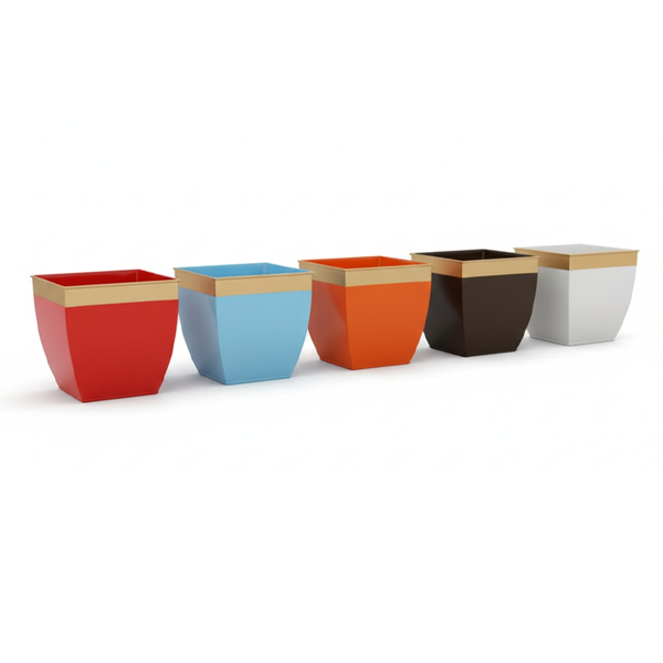 Five colorful planters with a white background