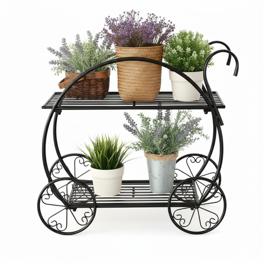 Iron Trolley-Style 2-Tier Planter Stand – Vintage Rolling Display Rack
