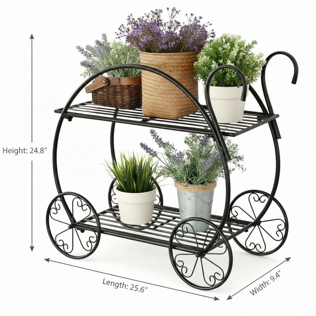Iron Trolley-Style 2-Tier Planter Stand – Vintage Rolling Display Rack