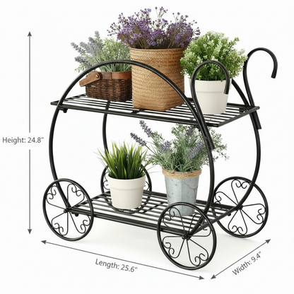 Iron Trolley-Style 2-Tier Planter Stand – Vintage Rolling Display Rack