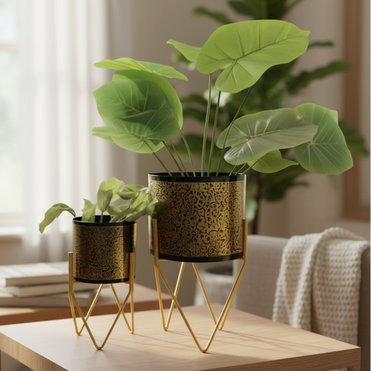 Metal Planter Set with Gold Stand – Set of 2
