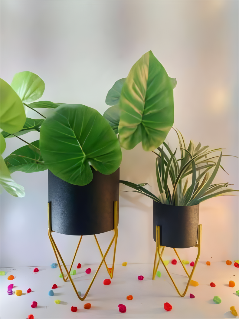 Metal Planter Set with Gold Stand – Set of 2