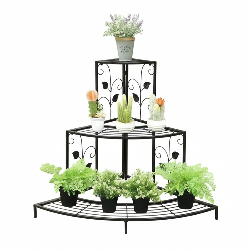 Three Tier Corner Stand – Decorative Black Iron Plant Display