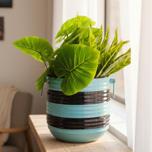 Stylish Round Planter with Stripes 9.84 Inch Pot