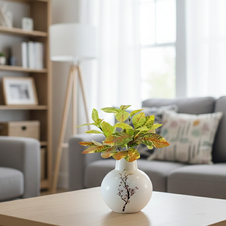 White vase with green leaves on a table in a living room setting