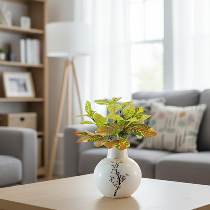 White vase with green leaves on a table in a living room setting