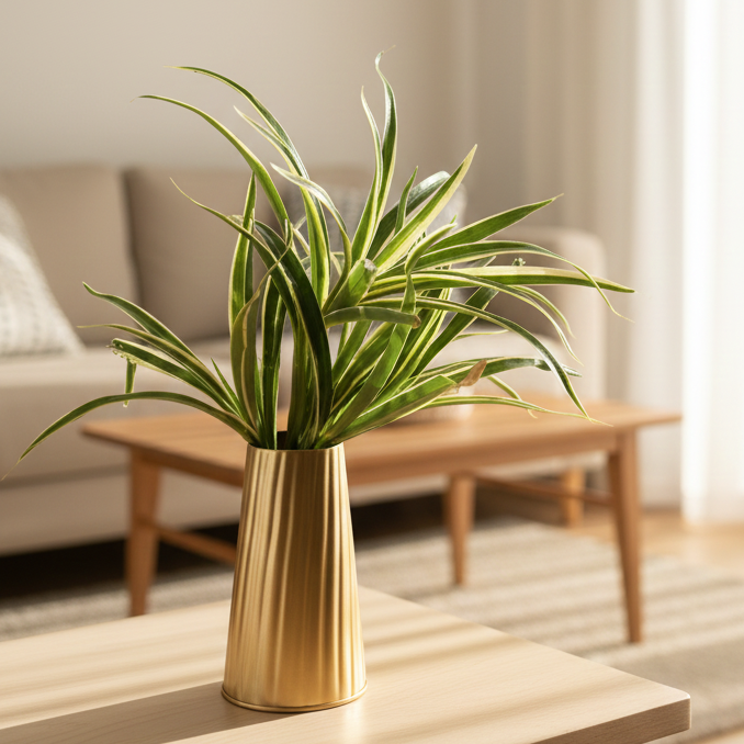Gold vase with green plant on a wooden table in a living room setting