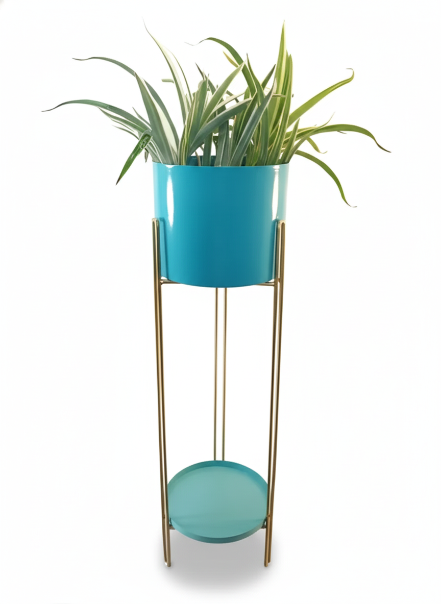 Turquoise planter with a plant on a matching stand against a white background